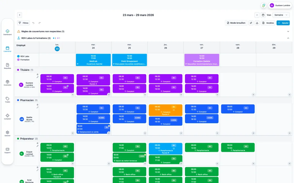 Planning hebdomadaire FlowPharm : une ligne par collaborateur, des créneaux colorés par rôle