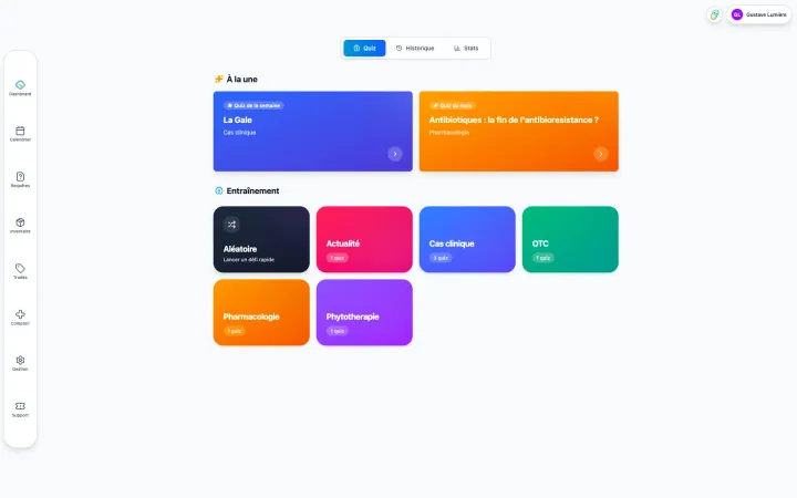 Écran des quiz FlowPharm : quiz de la semaine, quiz du mois et entraînement par catégorie